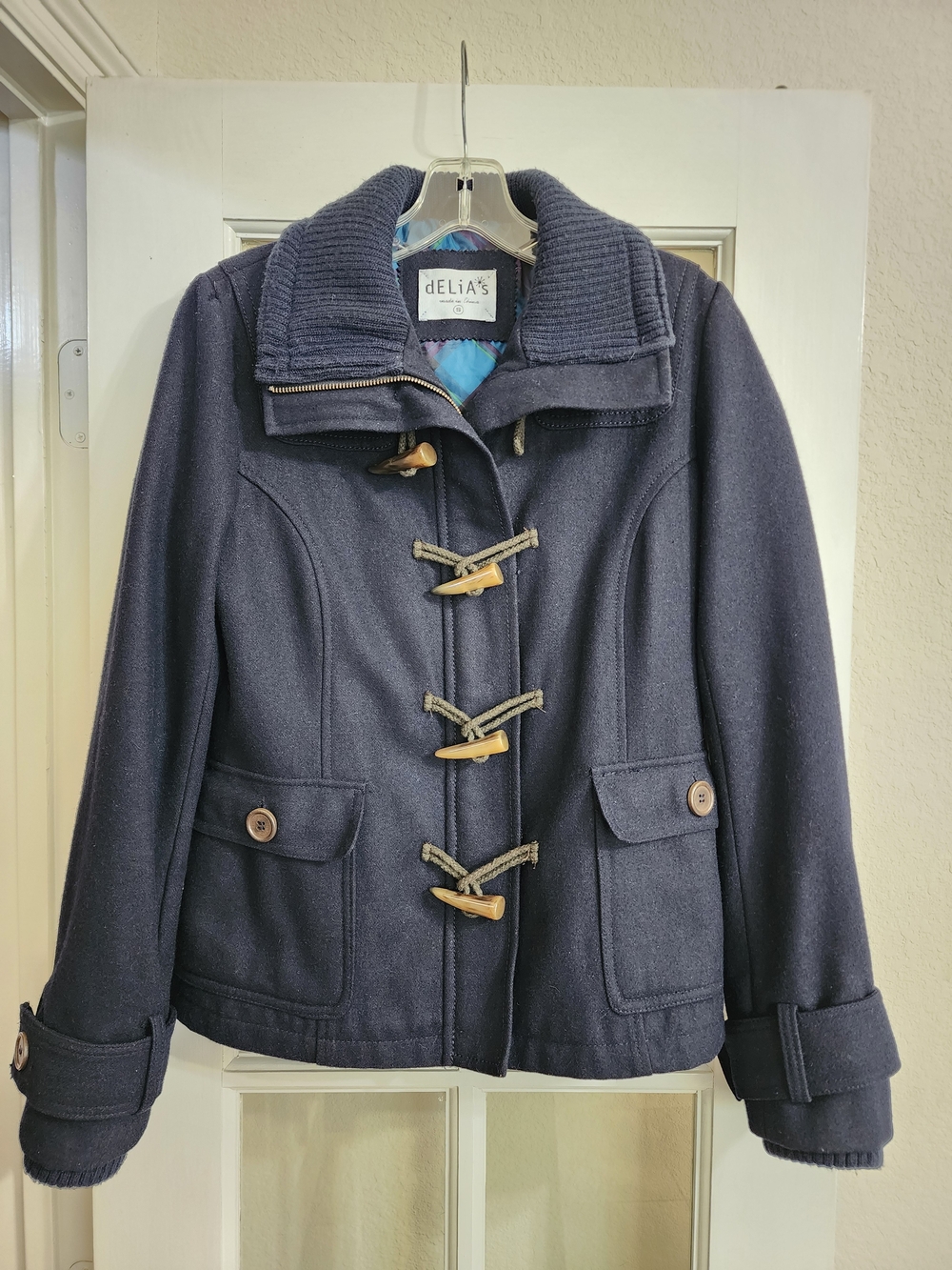 Vintage dELiA*s Navy Wool Blend Toggle Duffle Jacket Coat Small Y2K
